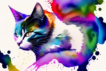 Watercolor cat listening a music illustration.T shirt graphics.Custom print design for all types of surfaces - generative ai