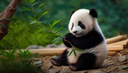 Cute happy baby panda eating bamboo in tropical green forest background. Generative AI