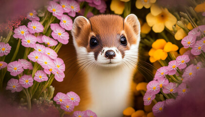 Fototapeta na wymiar Cute Ermine on the background of wildflowers. Generative AI