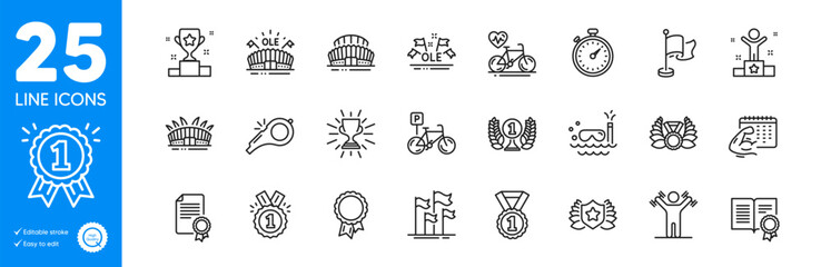 Outline icons set. Whistle, Sports arena and Ole chant icons. Flag, Arena stadium, Laureate web elements. Success, Sports stadium, Reward signs. Trophy, Fitness calendar, Laureate award. Vector