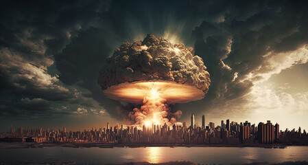 Nuclear war apocalypse concept. Explosion of nuclear bomb in city. City destroyed by atomic war. Creative artwork decoration in dark. Ai generative