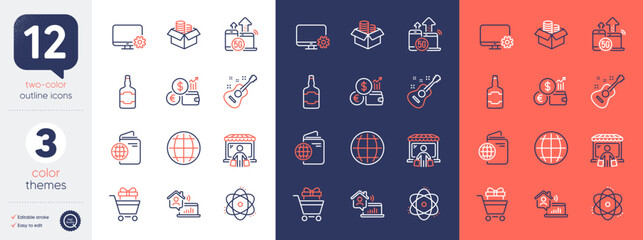 Set of Work home, Atom and Shopping trolley line icons. Include Travel passport, Money box, 5g internet icons. Whiskey bottle, Monitor settings, Globe web elements. Market buyer, Guitar. Vector