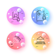Brush, Court building and Inspect minimal line icons. 3d spheres or balls buttons. Business report icons. For web, application, printing. Art brush, Judgement, Clipboard document. Vector