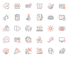 Business icons set. Included icon as Bitcoin, Difficult stress and Megaphone web elements. Sports stadium, Verified locker, Budget icons. Internet book, Gpu, Brush web signs. Face id. Vector