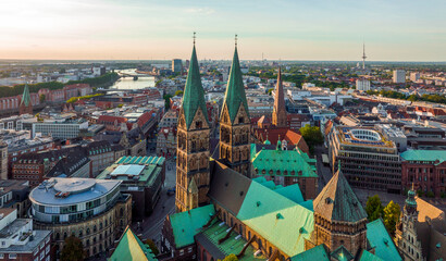 Bremen, Germany. Aerial View on Historical Center of Bremen, Marktplatz at Sunrise. - obrazy, fototapety, plakaty
