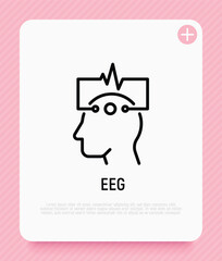 Obraz premium EEG: human head with electrodes thin line icon. Medical research. Diagnostic of brain activity. Modern vector illustration.