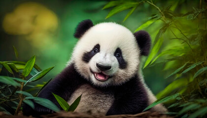 Cute baby panda on green tropical leaves background. Generative AI. Illustration