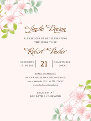 Wedding card of pink floral, watercolor and vector Wedding Invitation in rustic style, light blush pink flowers, gold frames, branches with green leaves and calligraphy text on beige background.