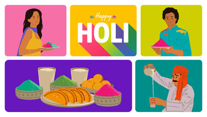 Editable vector for Holi colors, Holi food, and people with happy Holi text set for the Indian festival Holi.