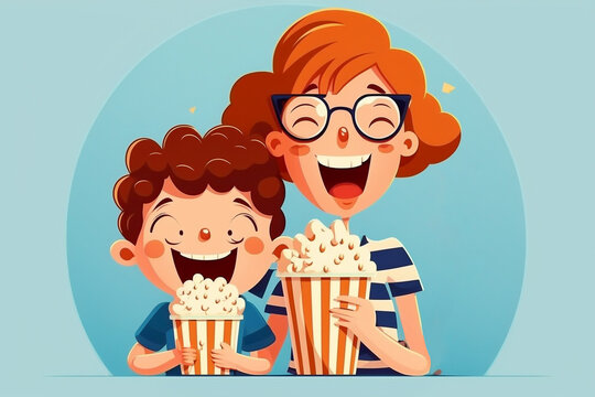 Cartoon Style Illustration Of A Smiling Kid Boy Eat Popcorn With His Smiling Mom - AI Generative