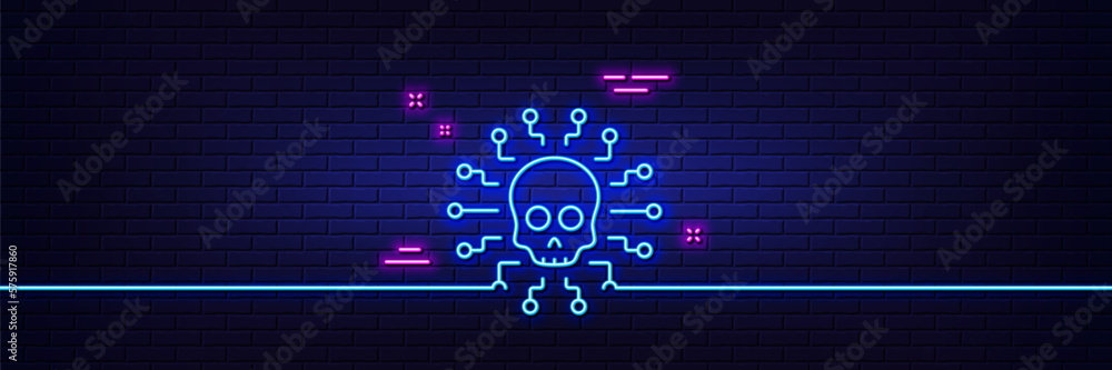 Poster neon light glow effect. cyber attack line icon. ransomware threat sign. hacker network symbol. 3d li