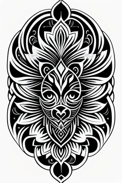 symmetry, FLORAL, glare, black and white, white background, no background, ink fine line art stylized, vector, design for tattoo, Tribal pattern, islander design