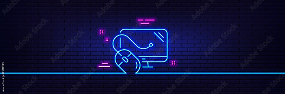 Poster neon light glow effect. computer line icon. pc mouse component sign. monitor symbol. 3d line neon gl