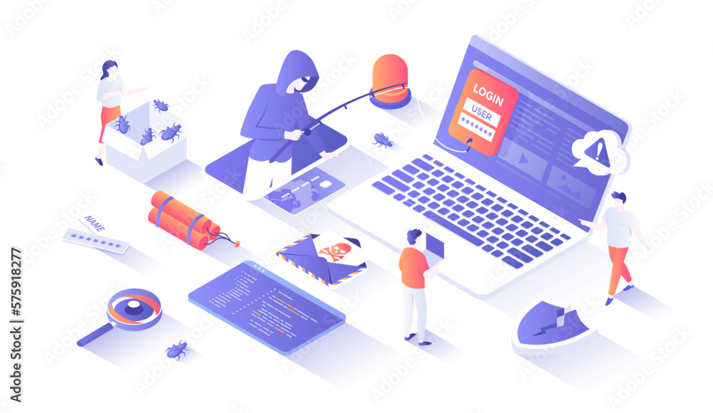 Poster hacker attack. hacker steal credit card. thief fishing personal information on laptop. virus, spam a