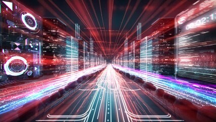Digital city with red tunnel made from glowing particles - Powered by Adobe