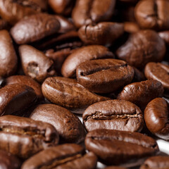 Freshly roasted coffee beans background.Dark roasted coffee beans with scoop on wooden background.