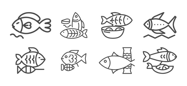 Collection of vector fish icons on white background. Set of 8 minimal fish icons. eps 10