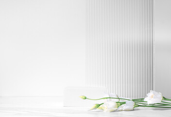 Fototapeta na wymiar Summer minimal scene for beauty cosmetic product presentation made with white cube podium and Lysianthus flower on white background.