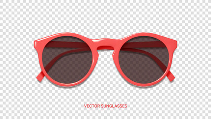 Realistic pink fashion sunglasses. Modern summer accessory design. 3d summer symbol isolated on checkered background. Realistic sunglasses.