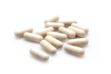 several medical pills isolated on white background