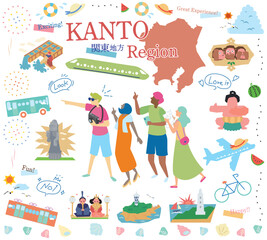 日本の関東地方の夏の名物観光を楽しむ観光客、アイコンのセット（フラット）