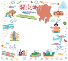 Obraz premium 日本の関東地方の夏の名物観光のアイコンのセット（フラット）