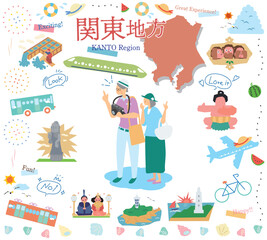 日本の関東地方の夏の名物観光を楽しむシニア夫婦、アイコンのセット（フラット）