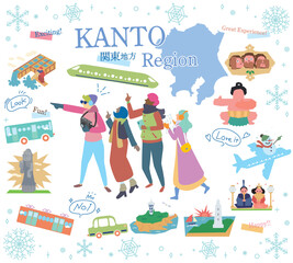 日本の関東地方の冬の名物観光を楽しむ観光客、アイコンのセット（フラット）