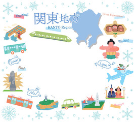 日本の関東地方の冬の名物観光のアイコンのセット（フラット）