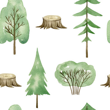 Watercolor forest seamless pattern with trees. Hand drawn illustration for fabric, wrapping paper, etc.