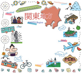 日本の関東地方の夏の名物観光のアイコンのセット（線画）