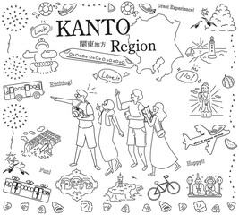 日本の関東地方の夏の名物観光を楽しむ観光客、アイコンのセット（線画白黒）