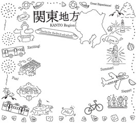 日本の関東地方の夏の名物観光のアイコンのセット（線画白黒）