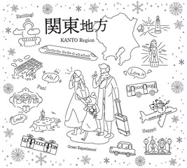 日本の関東地方の冬の名物観光を楽しむ三人家族、アイコンのセット（線画白黒）