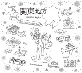 Obraz premium 日本の関東地方の冬の名物観光を楽しむシニア夫婦、アイコンのセット（線画白黒）