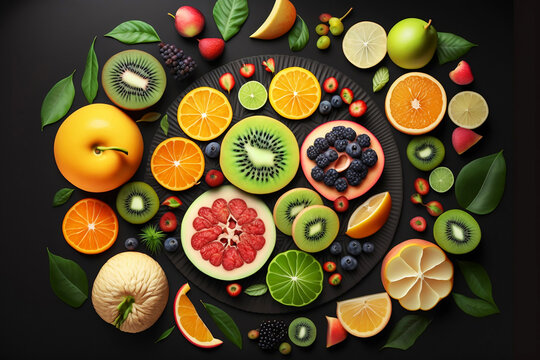 Collection of fruits on a dark, black background. Top view of fresh and juicy crops. Seasonal background. Advertising banner illustration. Food style photography with studio light. Generative AI.