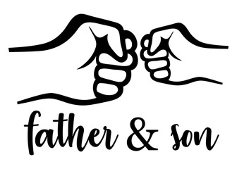 Logo del día del padre. Letras frase father and son en texto manuscrito con silueta de golpe de puño con líneas