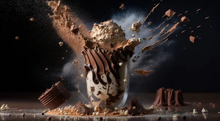 Selbstklebende Fototapeten Milk chocolate shake on a dark background. A large amount of dark chocolate poured over frothed cream. An explosion of flavors and a splash of dessert. Advertising banner illustration. Generative AI. © pawczar