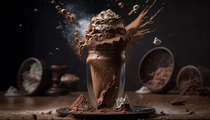 Fototapeten Milk chocolate shake on a dark background. A large amount of dark chocolate poured over frothed cream. An explosion of flavors and a splash of dessert. Advertising banner illustration. Generative AI. © pawczar