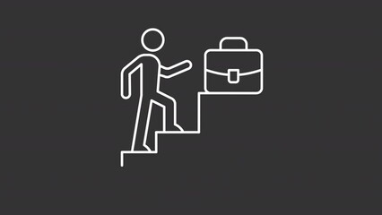Animated promotion white line icon. Career growth. Rise employee. Loop HD video with chroma key, alpha channel on transparent background, black solid background. Outline motion graphic animation