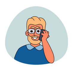 A young man with a beard and glasses is talking on the phone. Vector colored doodle portrait.
