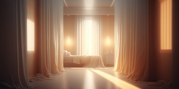 Light flooded bedroom with curtains - Generative AI
