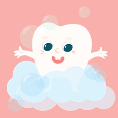 Funny tooth in a healthy soft pink mouth in toothpaste bubbles. The tooth is happy and smiling. Care and health of children's teeth.