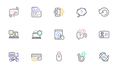 Smartphone sms, Call center and Question bubbles line icons for website, printing. Collection of Computer security, Seo gear, Swipe up icons. Change card, Question mark. Vector