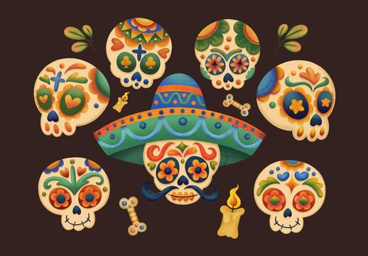Mexican Sugar Skull Illustrations Set for Cinco De Mayo Dia De Los Muertos