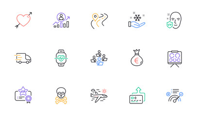 Career ladder, Cardio training and Vip certificate line icons for website, printing. Collection of Airplane travel, Road, Teamwork icons. Money bag, Love, Card web elements. Vector