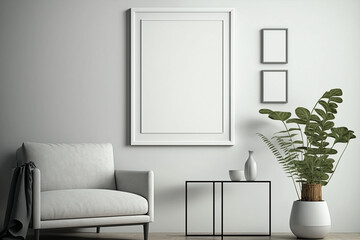 Blank picture frame mockup on gray wall. White living room design.  Generative AI