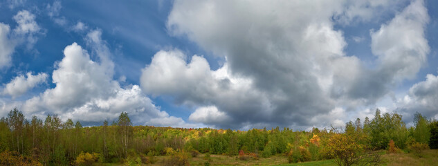 Obraz na płótnie Canvas Panoramic forest autumn landscape with a beautiful cloud sky