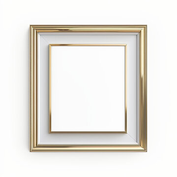 Gold frame for photo, pictures. Yellow metal mockup, inner white border. Top view. Flatlay. Isolated card design element, scrapbooking. AI generated. Transparent background, PNG.