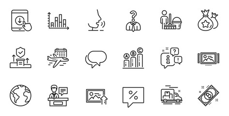 Outline set of Scroll down, Discount message and Image carousel line icons for web application. Talk, information, delivery truck outline icon. Vector